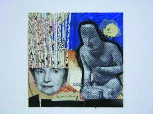 The woman in this collage is Margaret Sanger and the figure represents humanity showing its respect for her work with women's reproductive rights. 3" x 3" Collage 10" x 10" blond wood frame