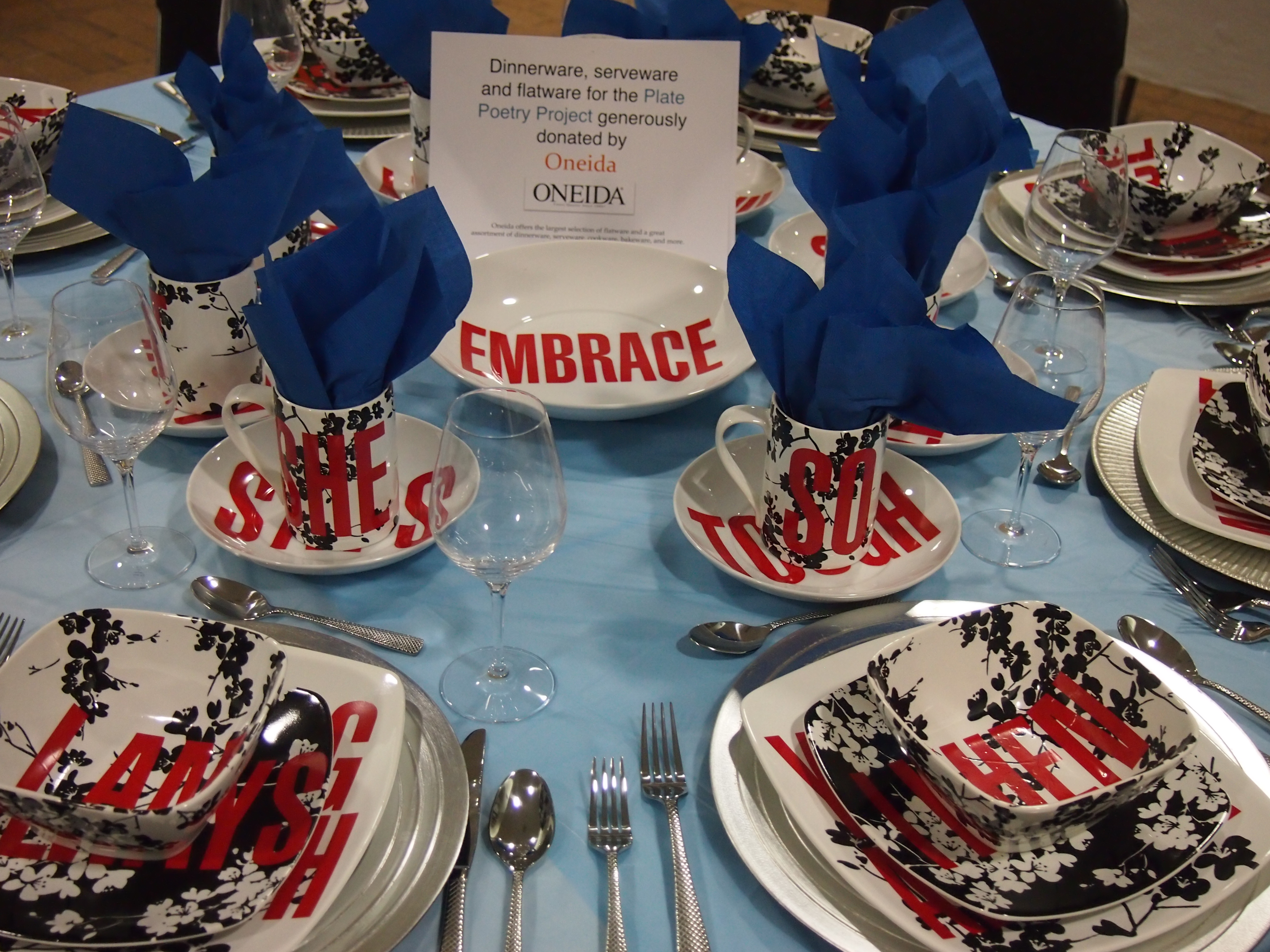 Plate Poetry: Oneida Plates belonging to Divabetic. Red letters applied by Susan McCaslin in 2013