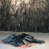"New Work" • 2014 • Wall: Newsprint, Sumi Ink, Clothespins • Floor: Newsprint, Sumi Ink, Construction Fencing • Sculpture: Plaster, Lathe, Paint